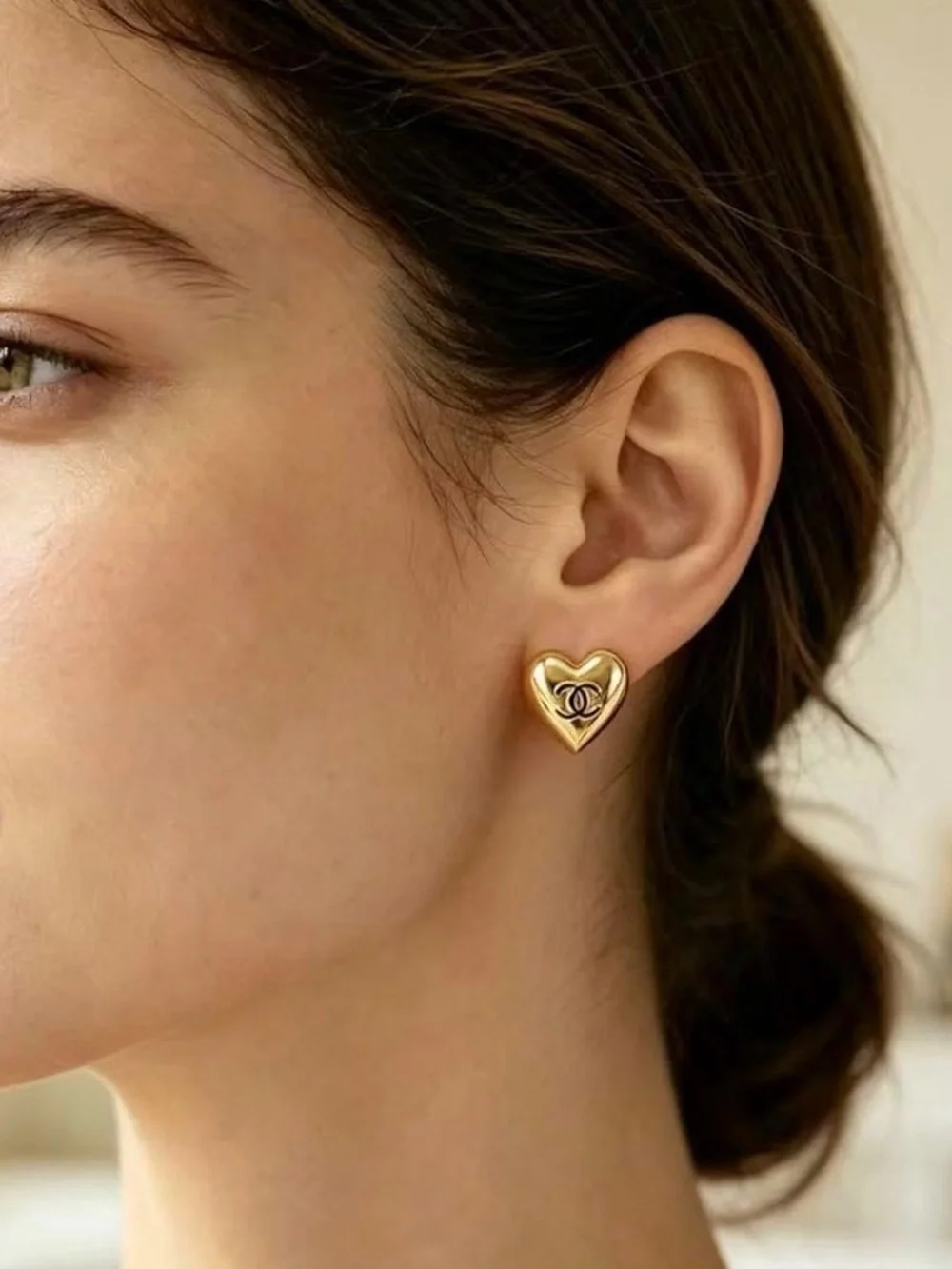 CHANEL Heart Logo Stud Earrings